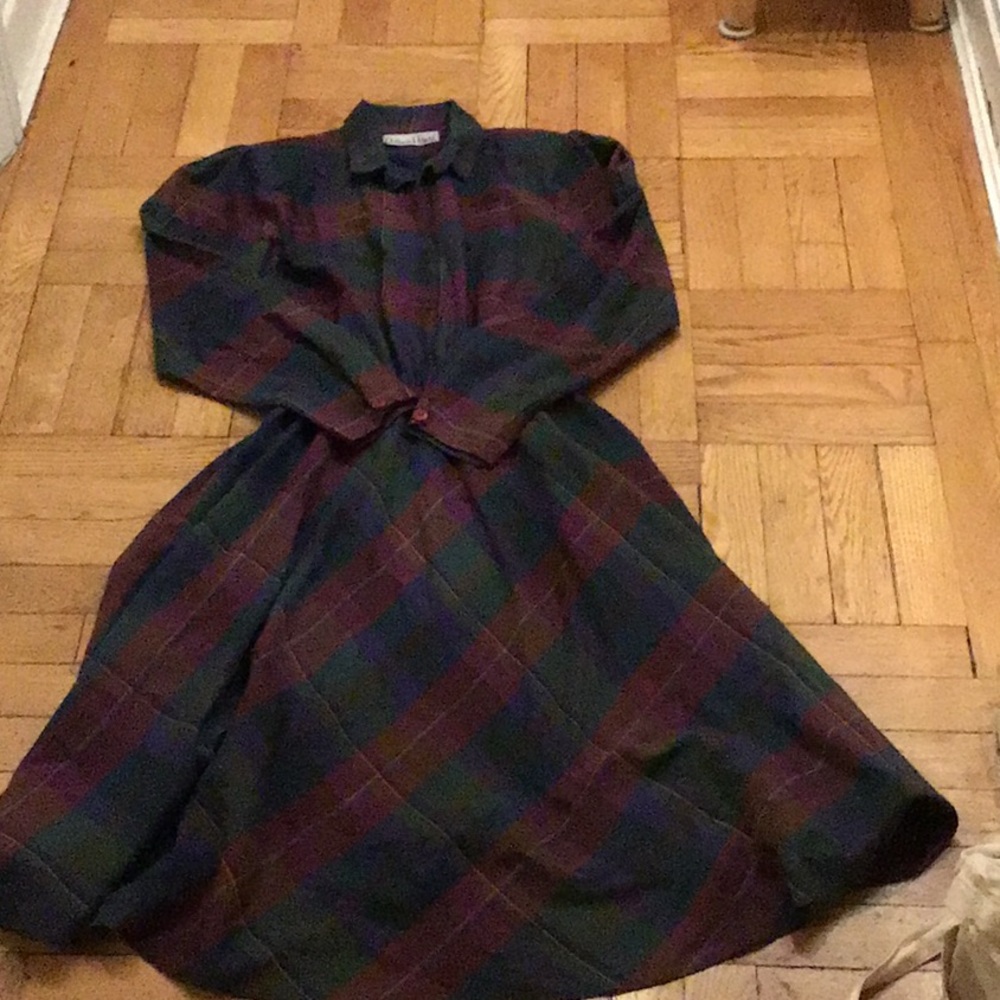 Plaid Full Skirt Long Sleeve Dress S/M